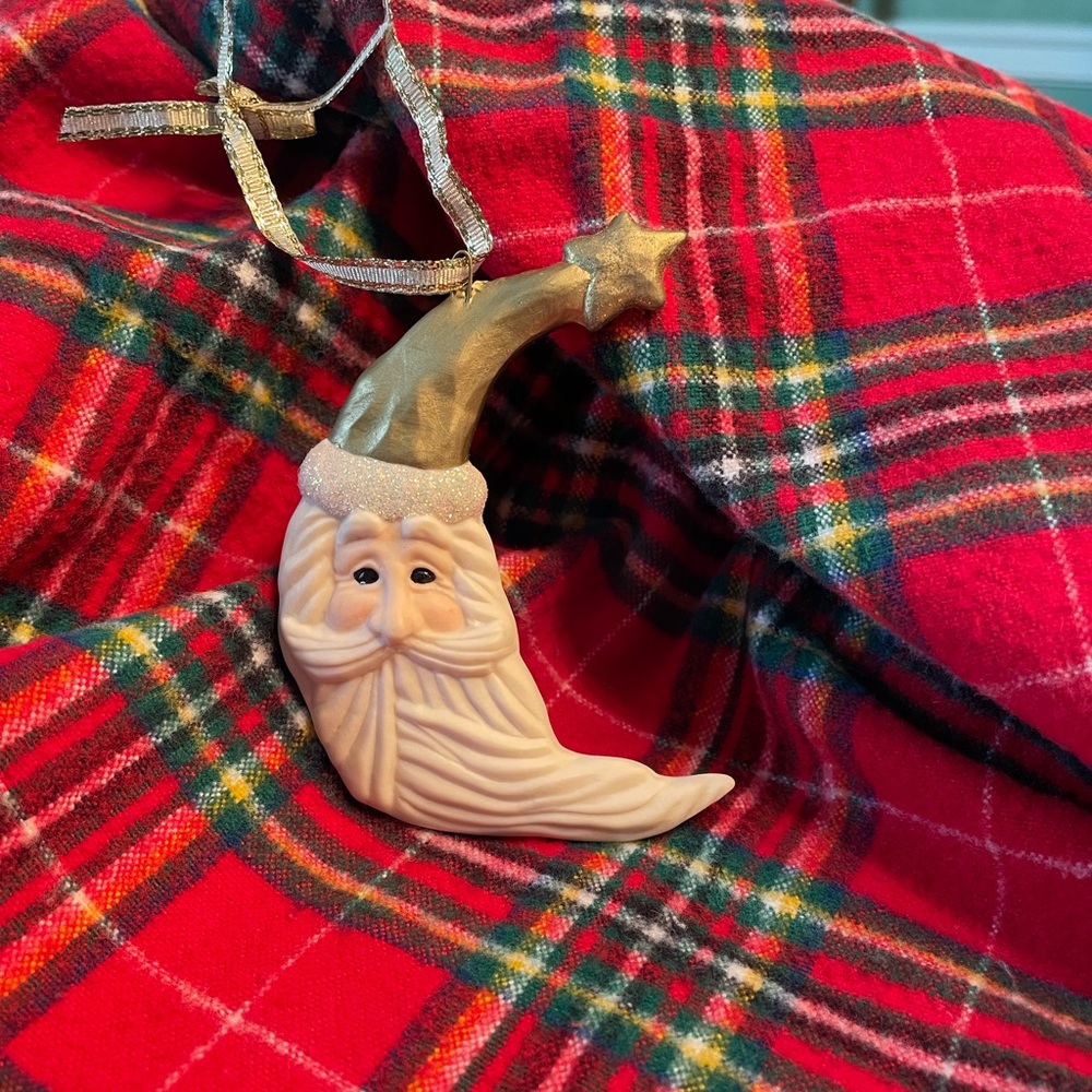 Santa in the moon ornament, ivory and gold colors, glass